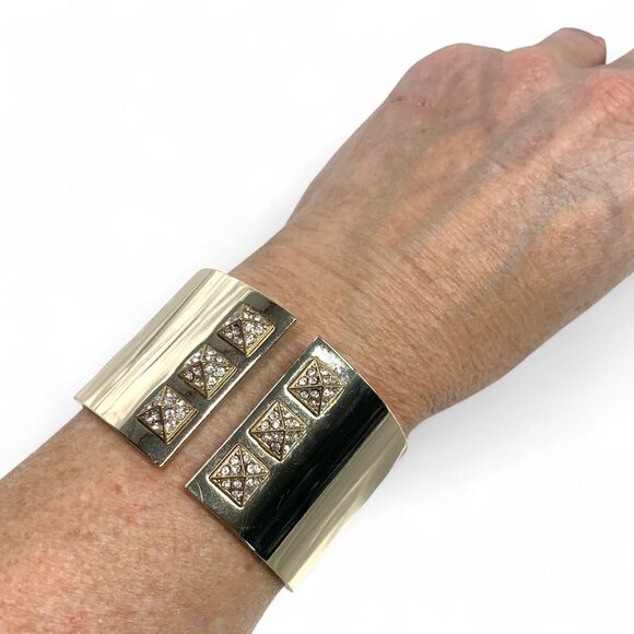 Victoria's Secret Gold Tone Hinged Cuff Bracelet Rhinestone Encrusted Studs - Picture 3 of 5